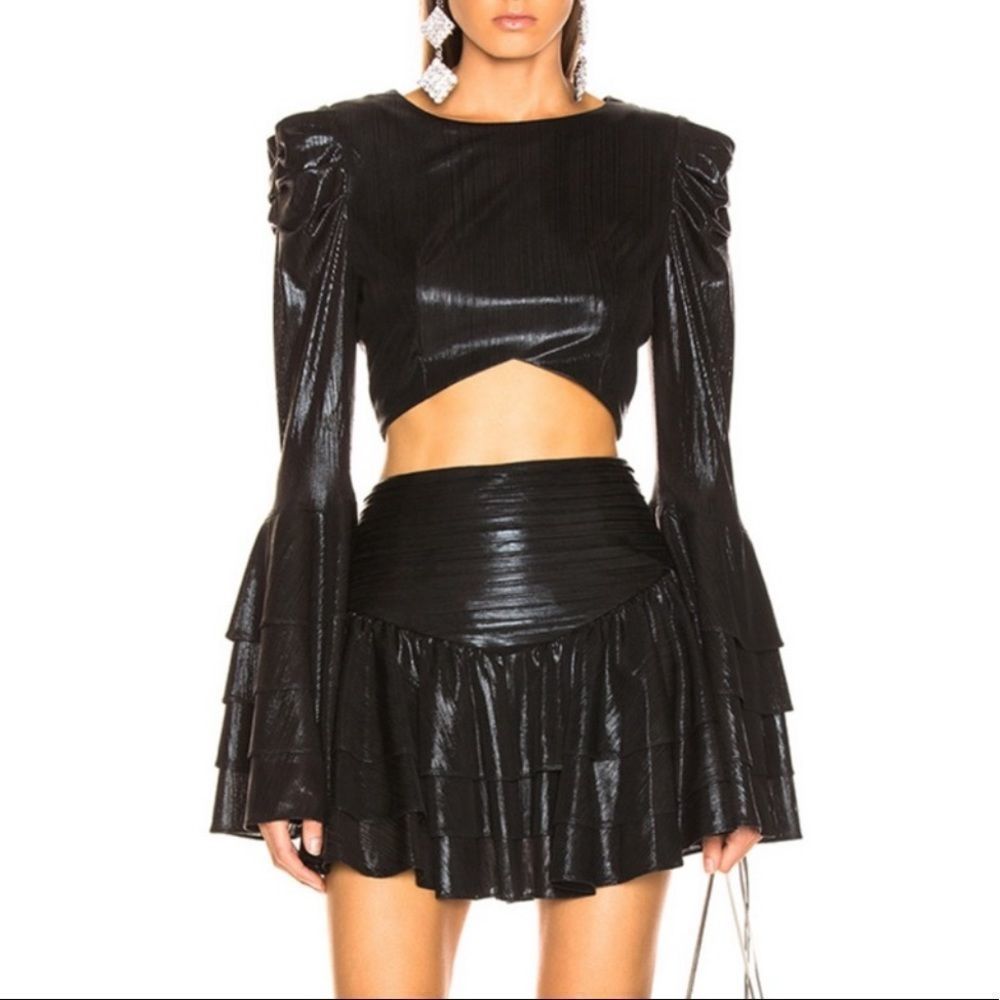 Retrofete Lydia Tiered Ruffled Top/Skirt Black Metallic XS